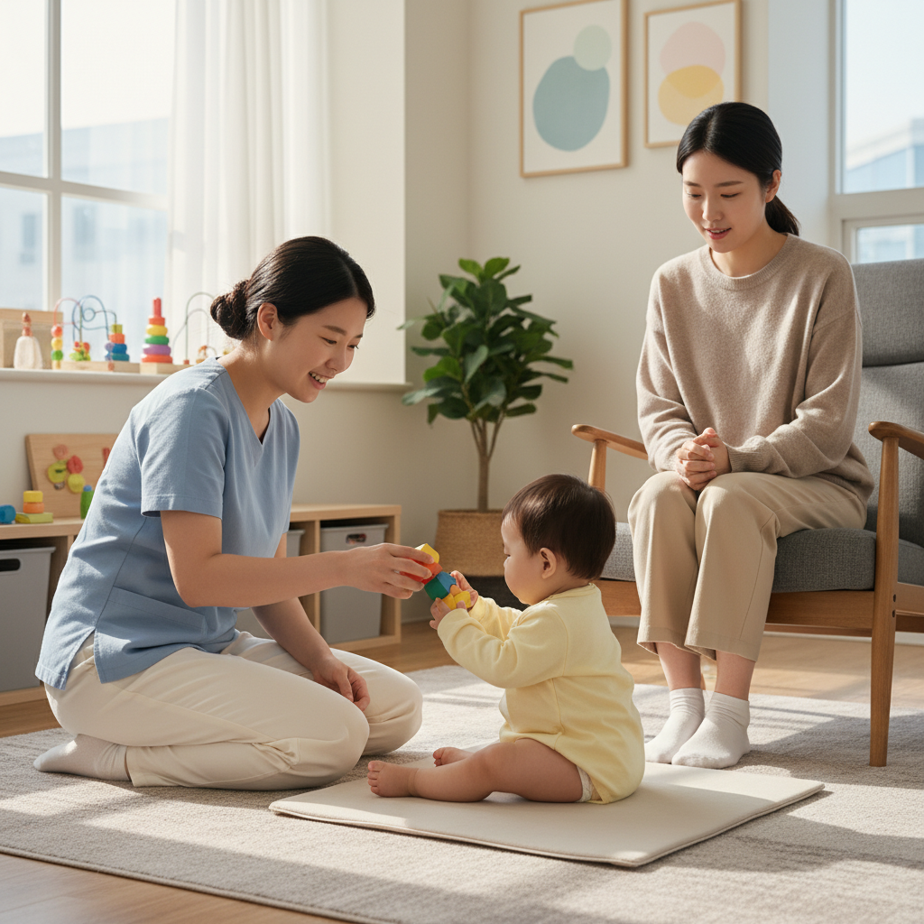 치료사가 아기를 평가하는 모습