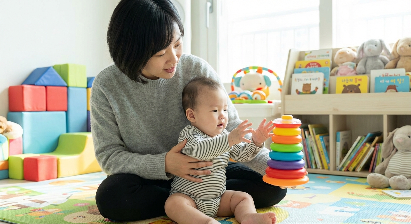 양손 중앙 놀이를 하는 아기와 부모