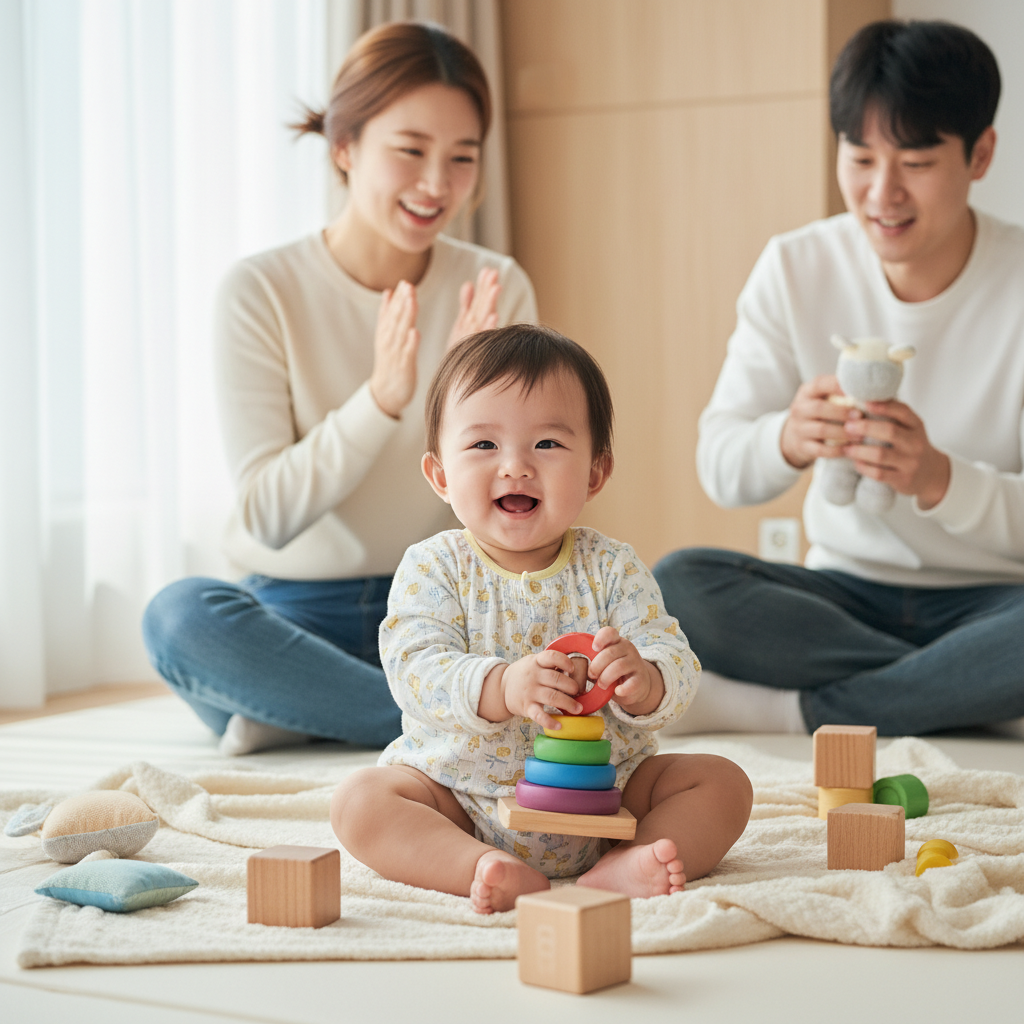 발달이 좋아진 아기가 혼자 앉아서 노는 모습