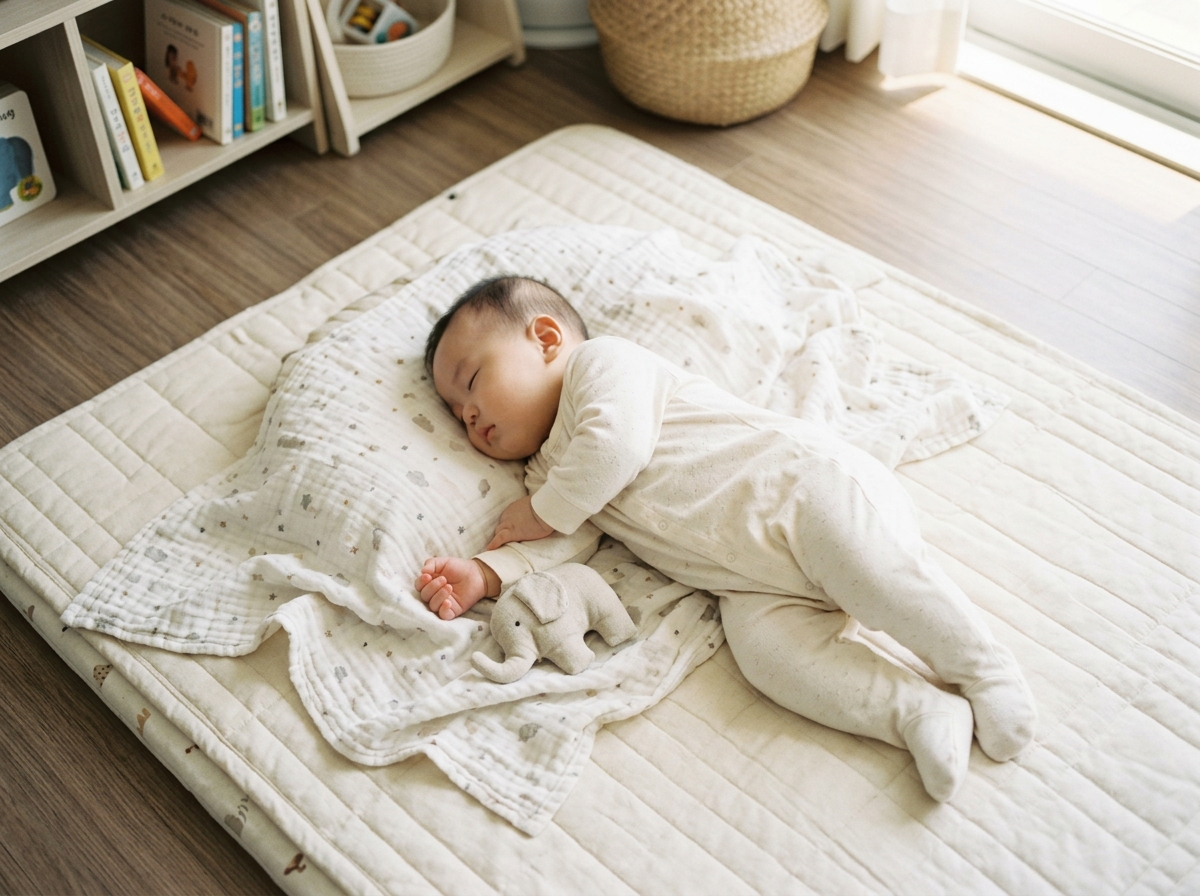옆으로 누워 평온하게 자는 한국인 아기의 모습