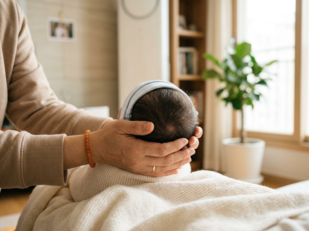 아기 머리를 부드럽게 받쳐주는 한국인 엄마의 손 클로즈업