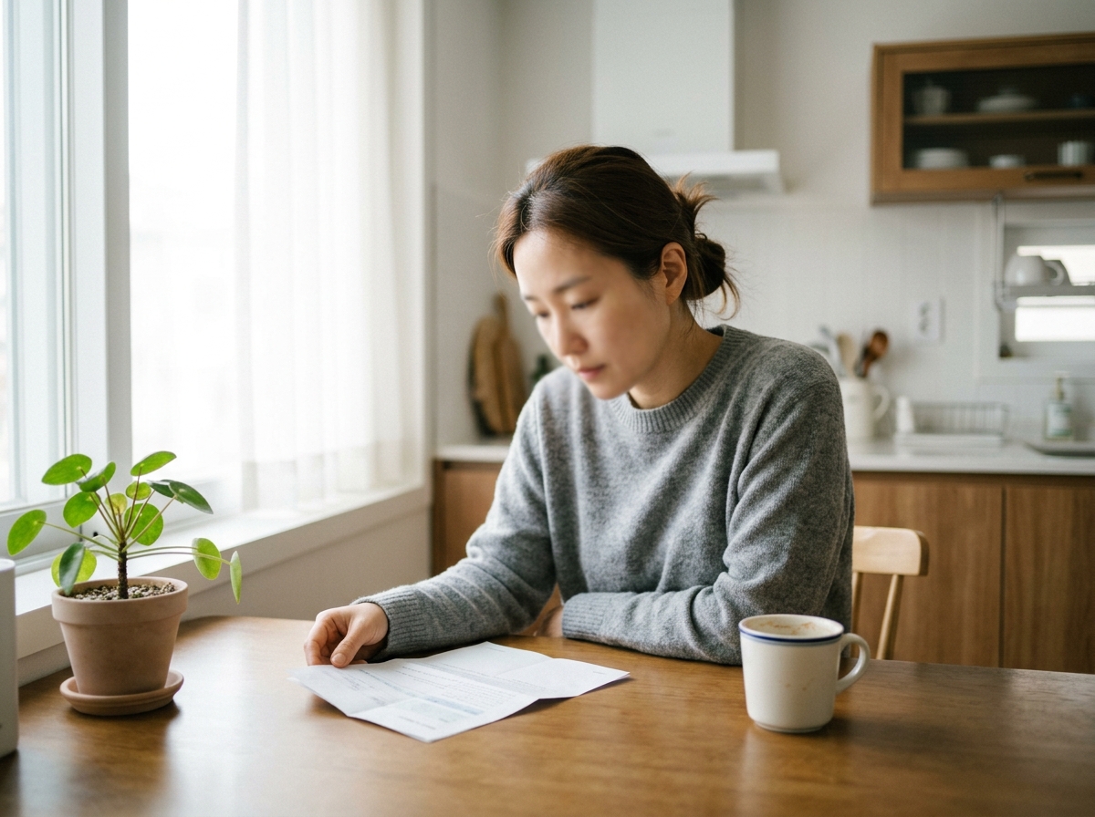 사두증 헬멧 치료 견적서를 들여다보는 한국인 엄마