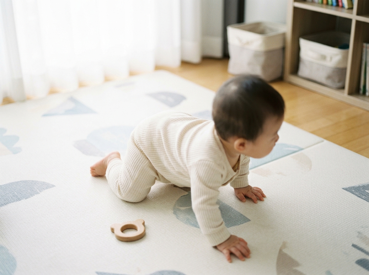 매트 위에서 기는 자세를 시도하는 한국인 아기를 위에서 본 모습