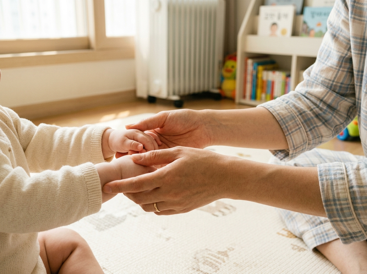 아기 양손을 가운데로 모아주는 한국인 엄마의 손 클로즈업