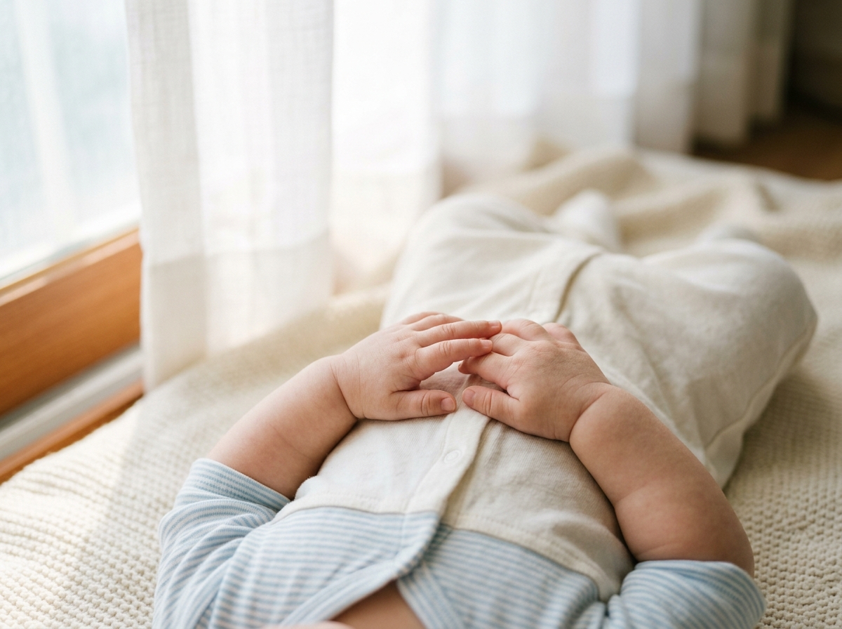 양손을 가운데로 모으는 한국인 아기의 손 클로즈업