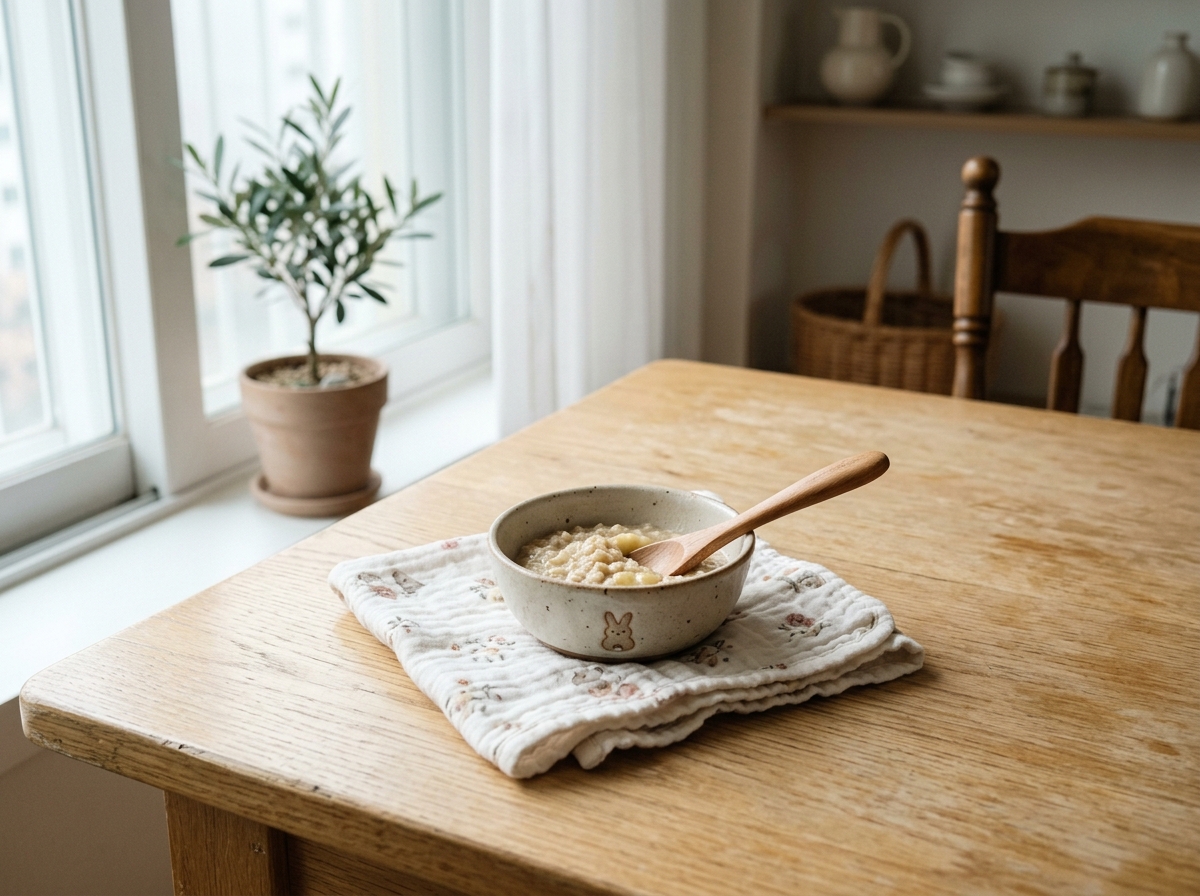 이유식 식기와 부드러운 턱받이 정물