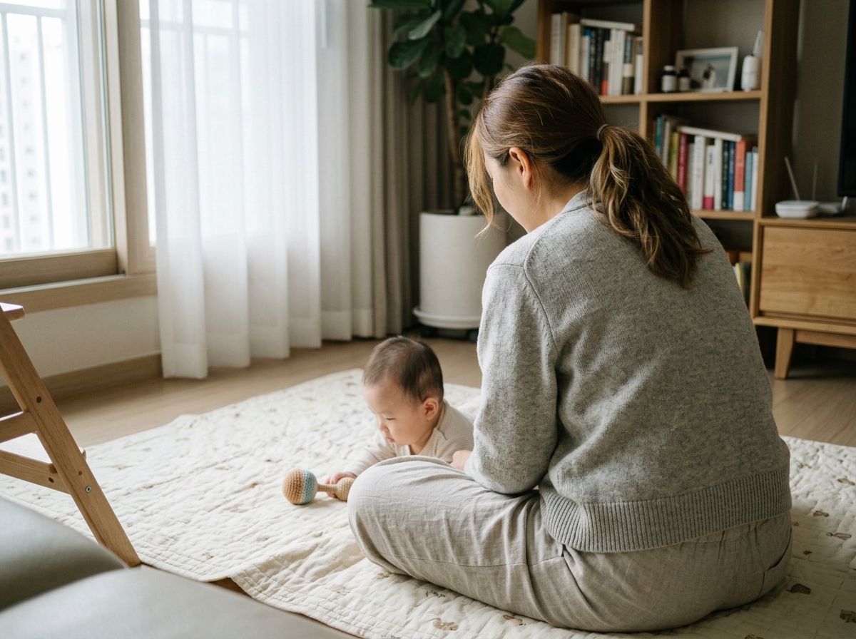 매트 위에서 아기와 함께 시간을 보내는 한국인 엄마의 뒷모습