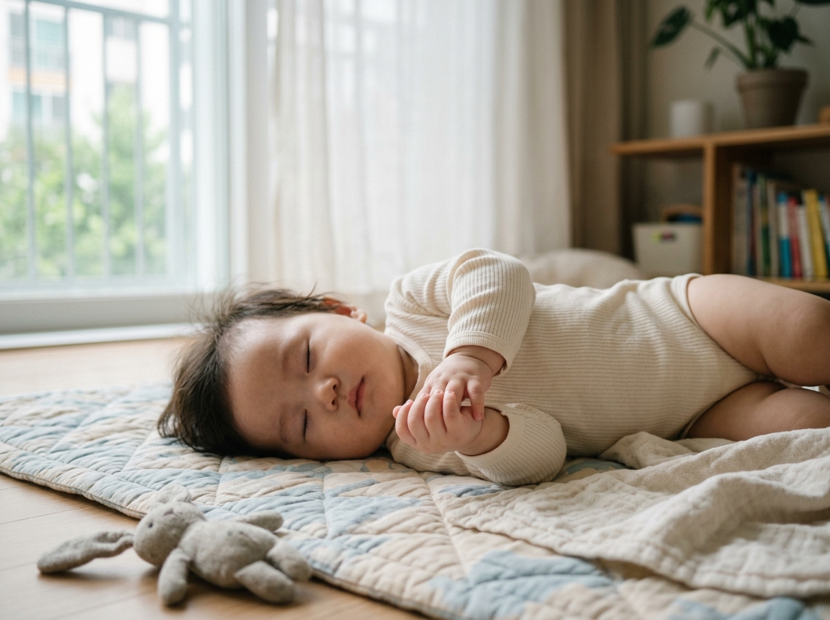 옆으로 누워 양손을 가운데로 모은 한국인 아기
