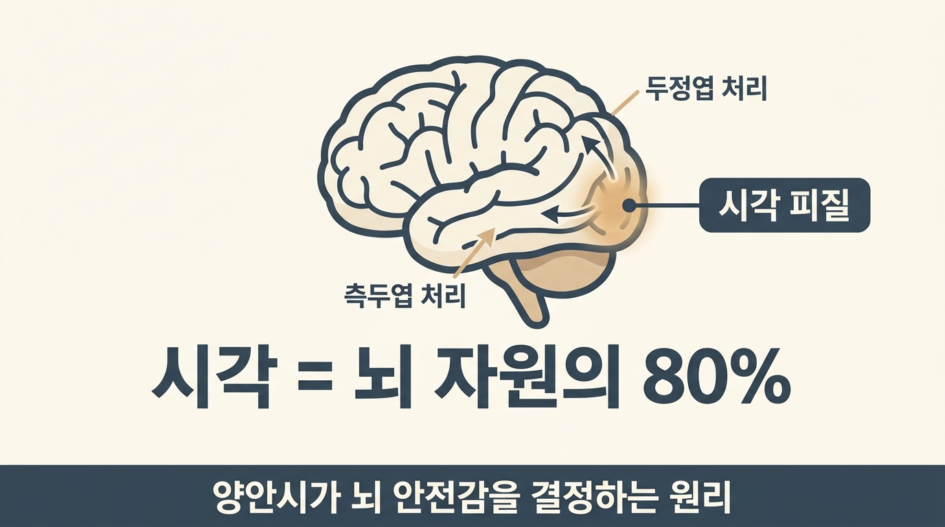 시각이 뇌 80% 차지하는 입력 채널 양안시 안정과 후두엽 시각 피질 측두엽 두정엽 처리 흐름 메커니즘 한글 라벨 의료 인포그래픽