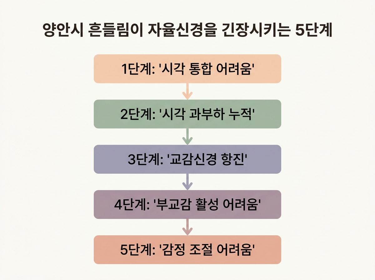 양안시 흔들림 자율신경 긴장 5단계 메커니즘 시각 통합 어려움 시각 과부하 교감신경 항진 감정 폭발 한글 라벨 의료 인포그래픽