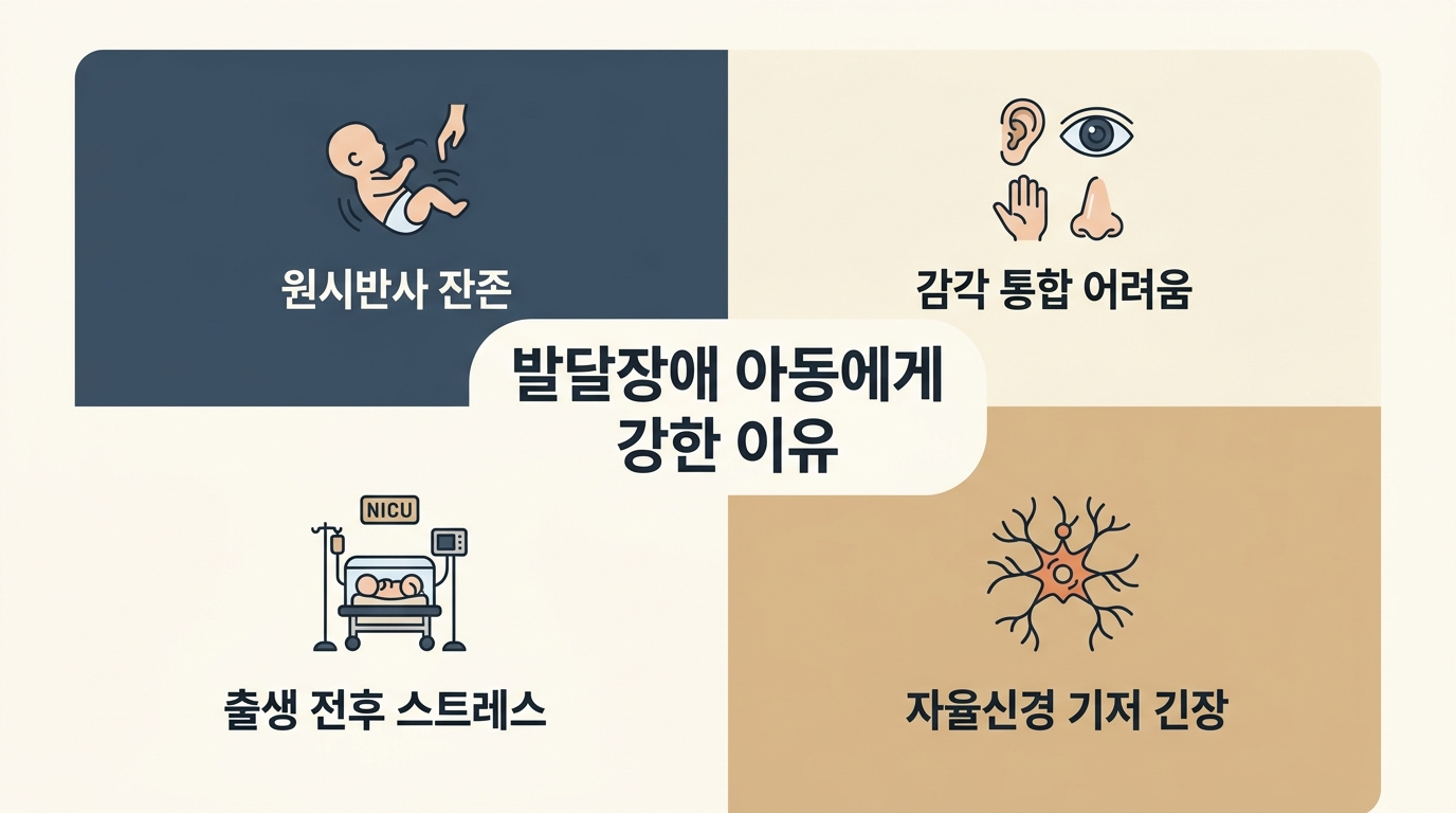 발달장애 아동 양안시 어려움 강하게 나타나는 이유 원시반사 잔존 감각 통합 어려움 출생 스트레스 4가지 요인 한글 라벨 분석 인포그래픽