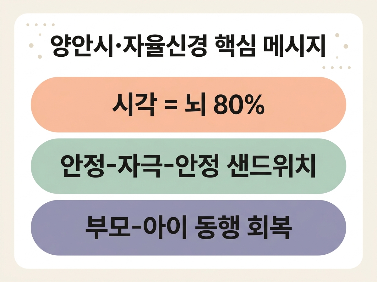 양안시 자율신경 핵심 메시지 시각이 뇌의 80% 안전감 채널 안정과 자극 샌드위치 부모 아이 동행 한글 라벨 요약 인포그래픽