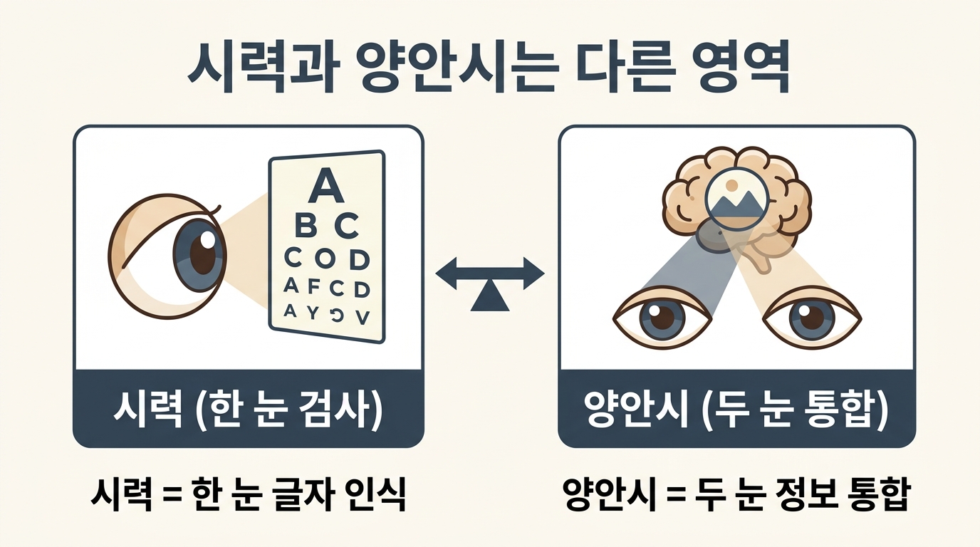 시력과 양안시의 차이 한 눈씩 보는 시력 검사와 두 눈이 만든 정보를 뇌가 통합하는 양안시 메커니즘 한글 라벨 의료 인포그래픽