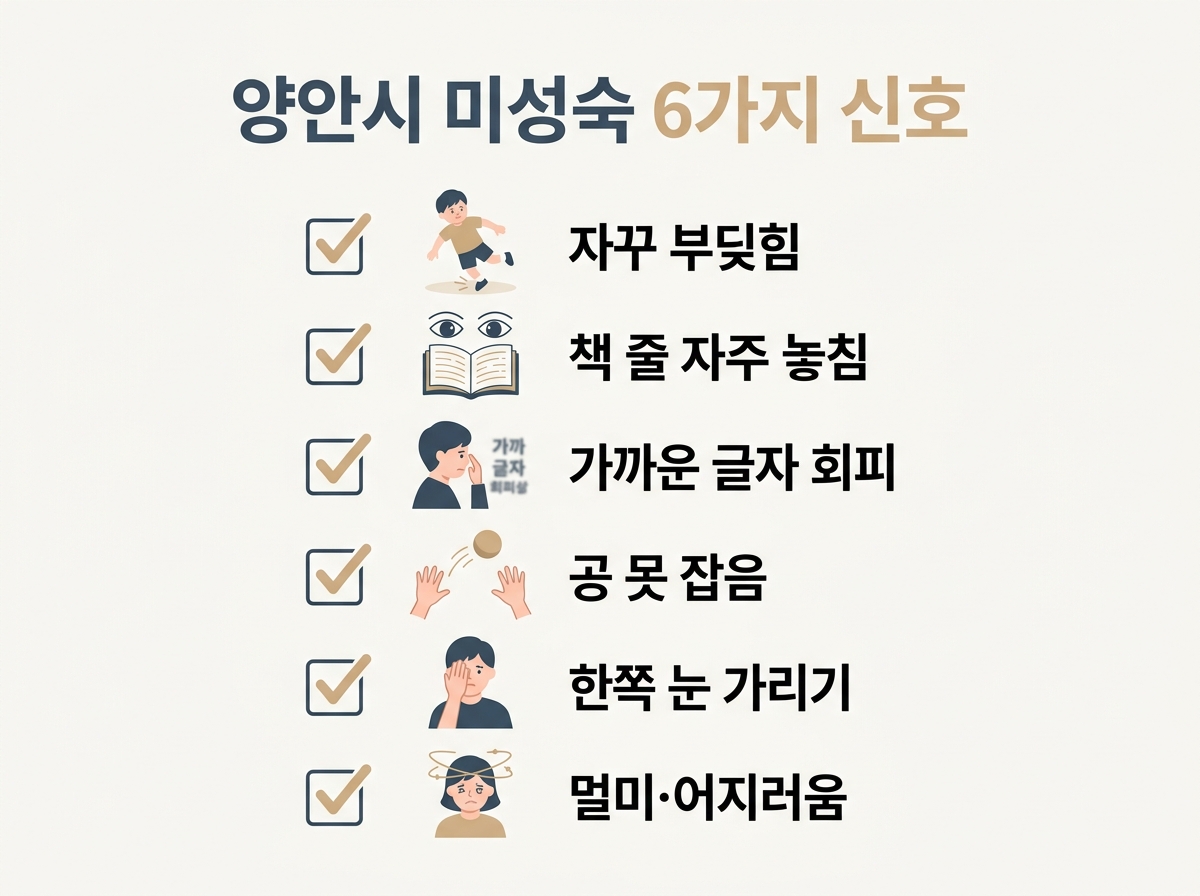 양안시 미성숙 6가지 행동 신호 자꾸 부딪힘 책 줄 놓침 가까운 글자 회피 공 못 잡음 한쪽 눈 가리기 체크리스트 한글 라벨 인포그래픽