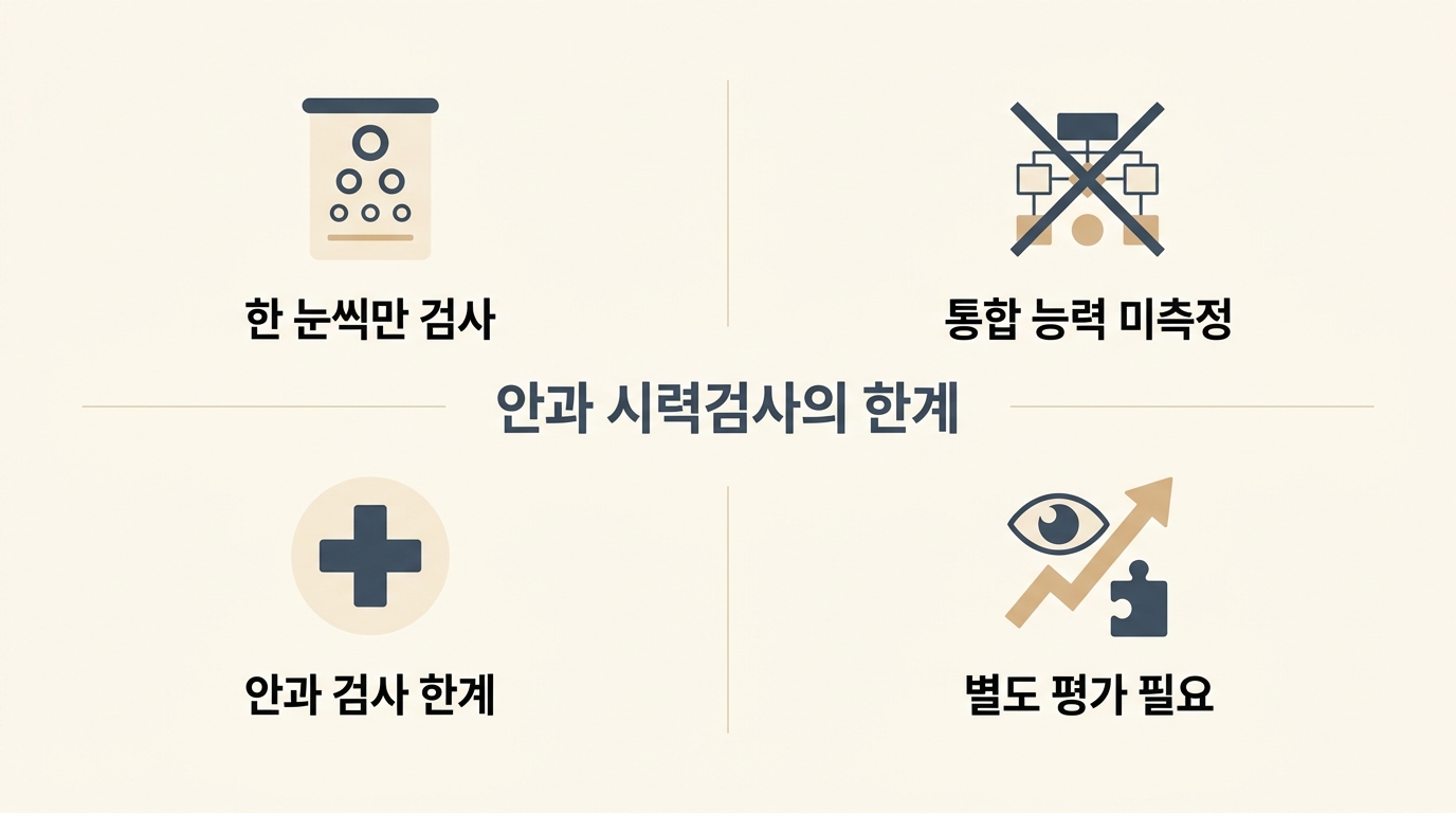 안과 시력검사가 양안시를 못 잡는 이유 한 눈씩 글자 인식과 두 눈 통합 능력의 차이 검사 한계 4가지 한글 라벨 분석 인포그래픽