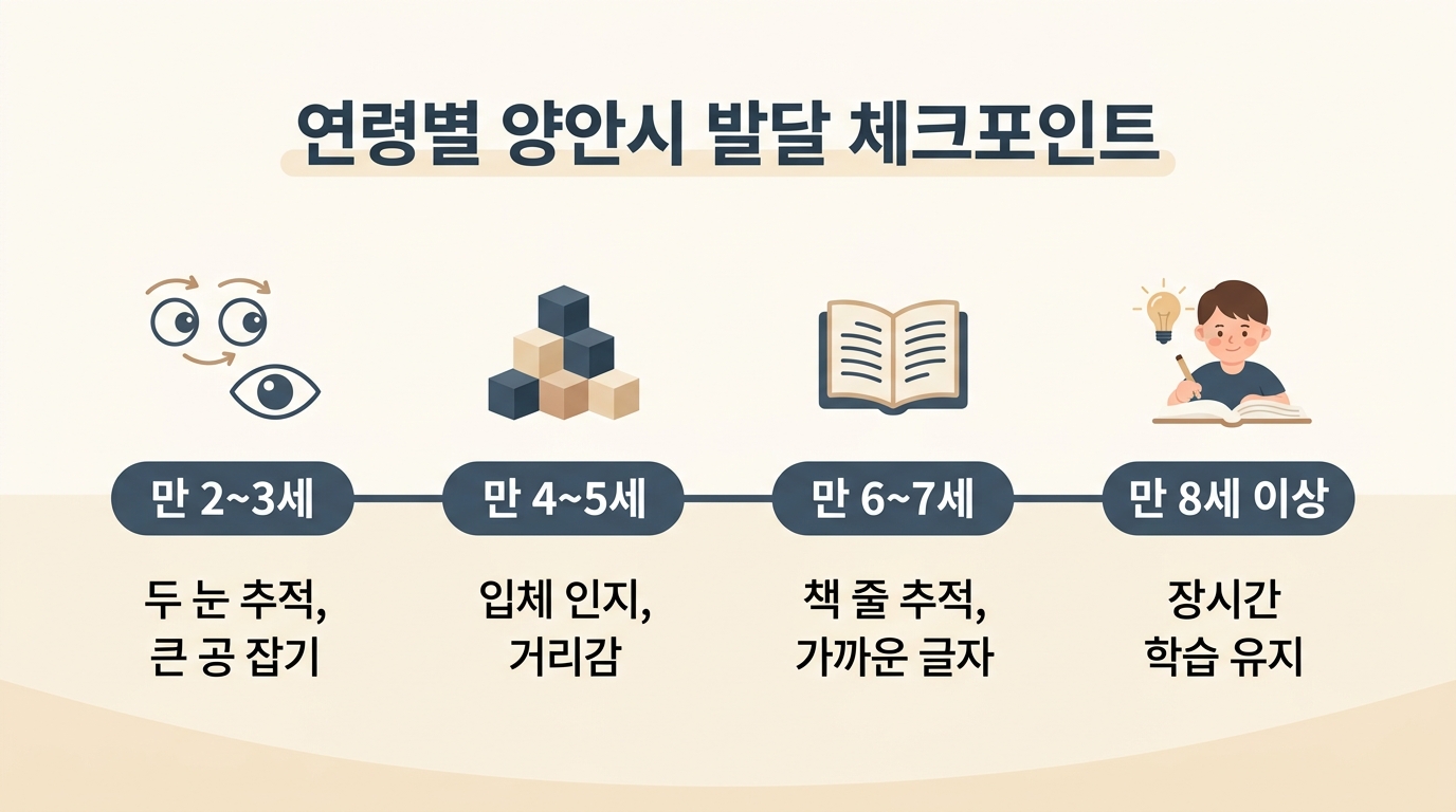 연령별 양안시 발달 단계 만 2세부터 만 8세까지 두 눈 추적 입체 인지 책 줄 추적 학습 유지 체크포인트 한글 라벨 타임라인 인포그래픽