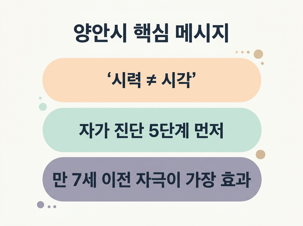 양안시 자극 핵심 메시지 매일 10분 8주 펜라이트 추적부터 시작 시력과 양안시 다른 영역 한글 라벨 요약 인포그래픽
