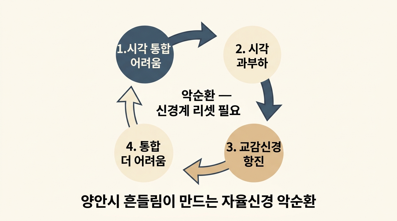 양안시 흔들림과 자율신경 긴장 악순환 시각 과부하 교감신경 항진 신경계 리셋 필요 메커니즘 한글 라벨 의료 인포그래픽