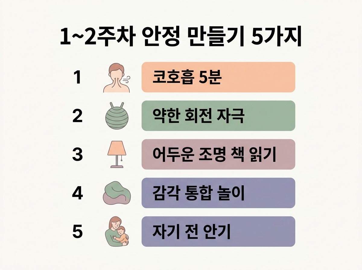 1~2주차 안정 만들기 코호흡 5분 약한 회전 자극 어두운 조명 자율신경 진정 단계별 흐름도 한글 라벨 인포그래픽