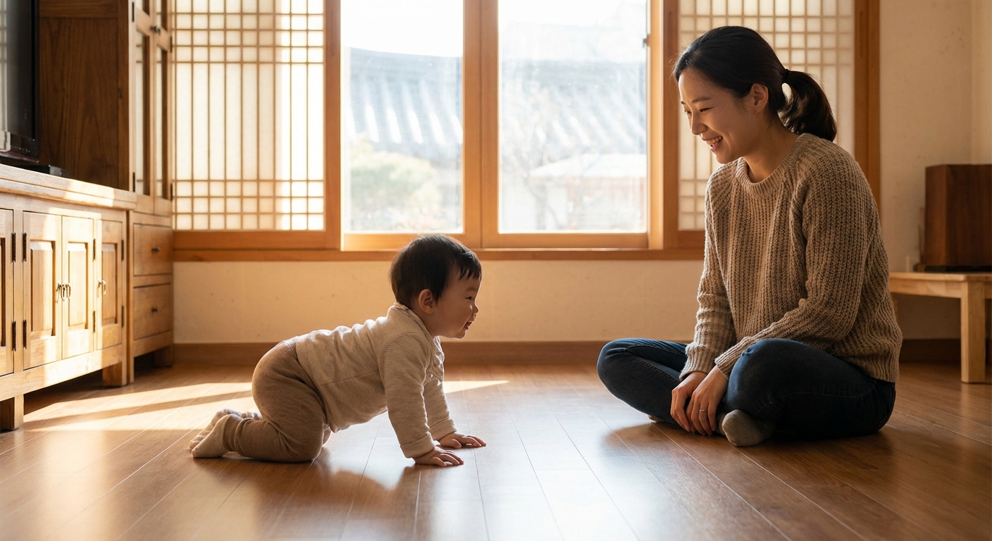 바닥에서 기어다니는 한국인 아기와 옆에서 지켜보는 엄마