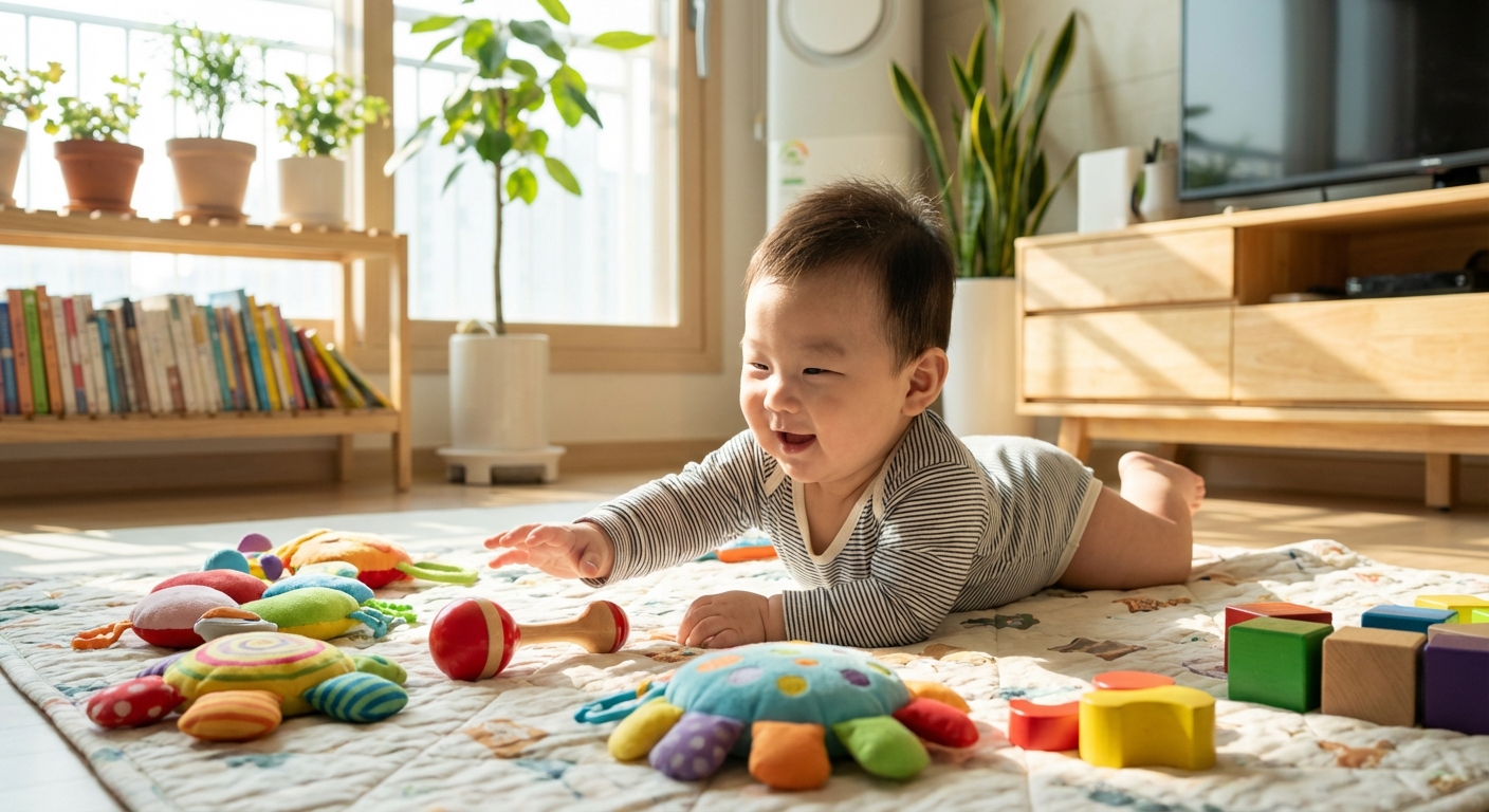 바닥 놀이매트에서 자유롭게 노는 한국인 아기