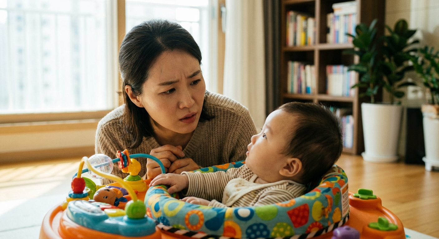 쏘서에 앉아 있는 아기를 걱정스럽게 바라보는 한국인 엄마