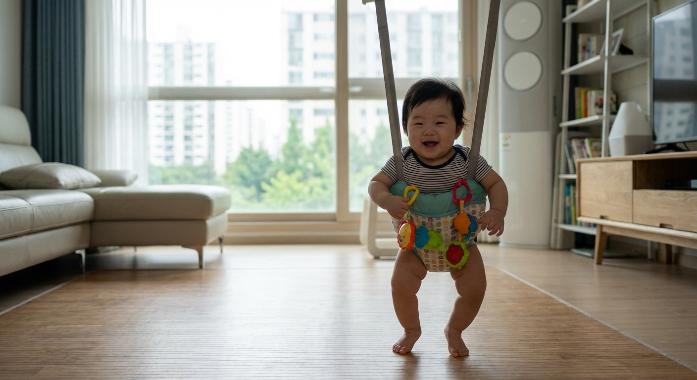 점퍼루에서 까치발로 뛰는 한국인 아기