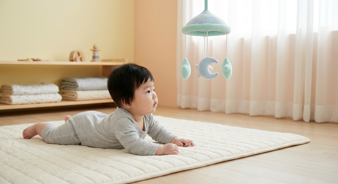 바닥에서 터미타임하며 자연스럽게 발달하는 한국인 아기