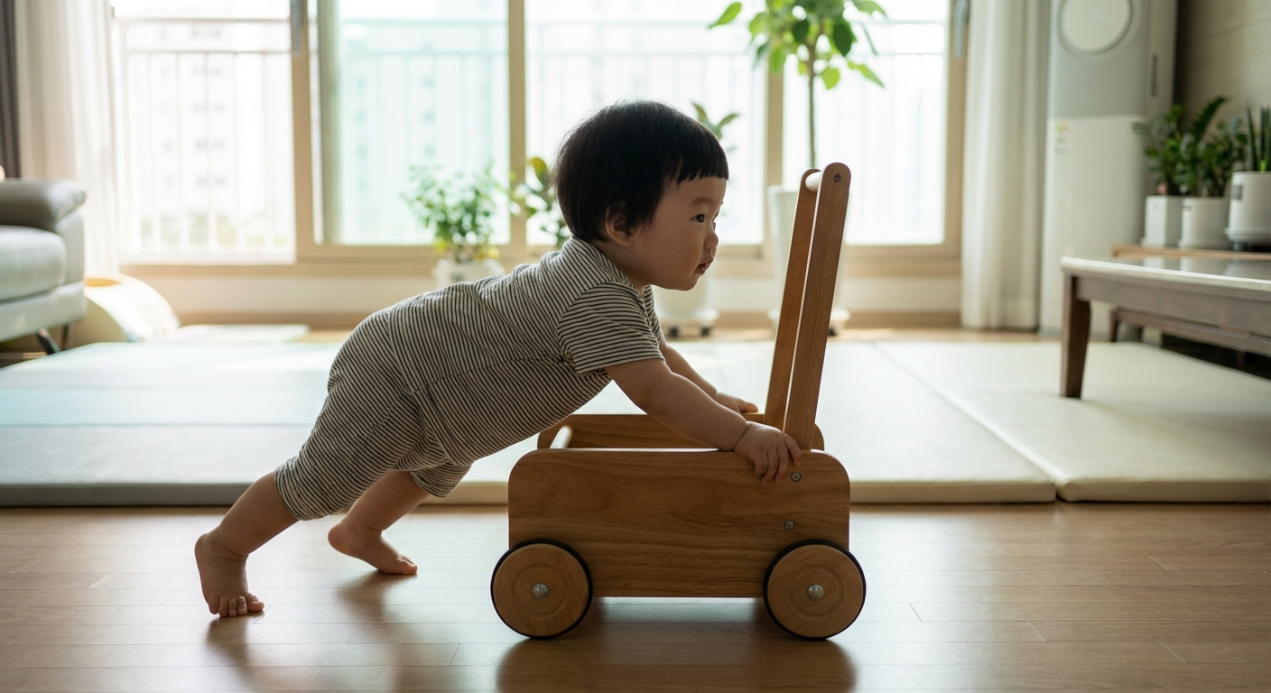 보행기에 앉아 있는 한국인 아기