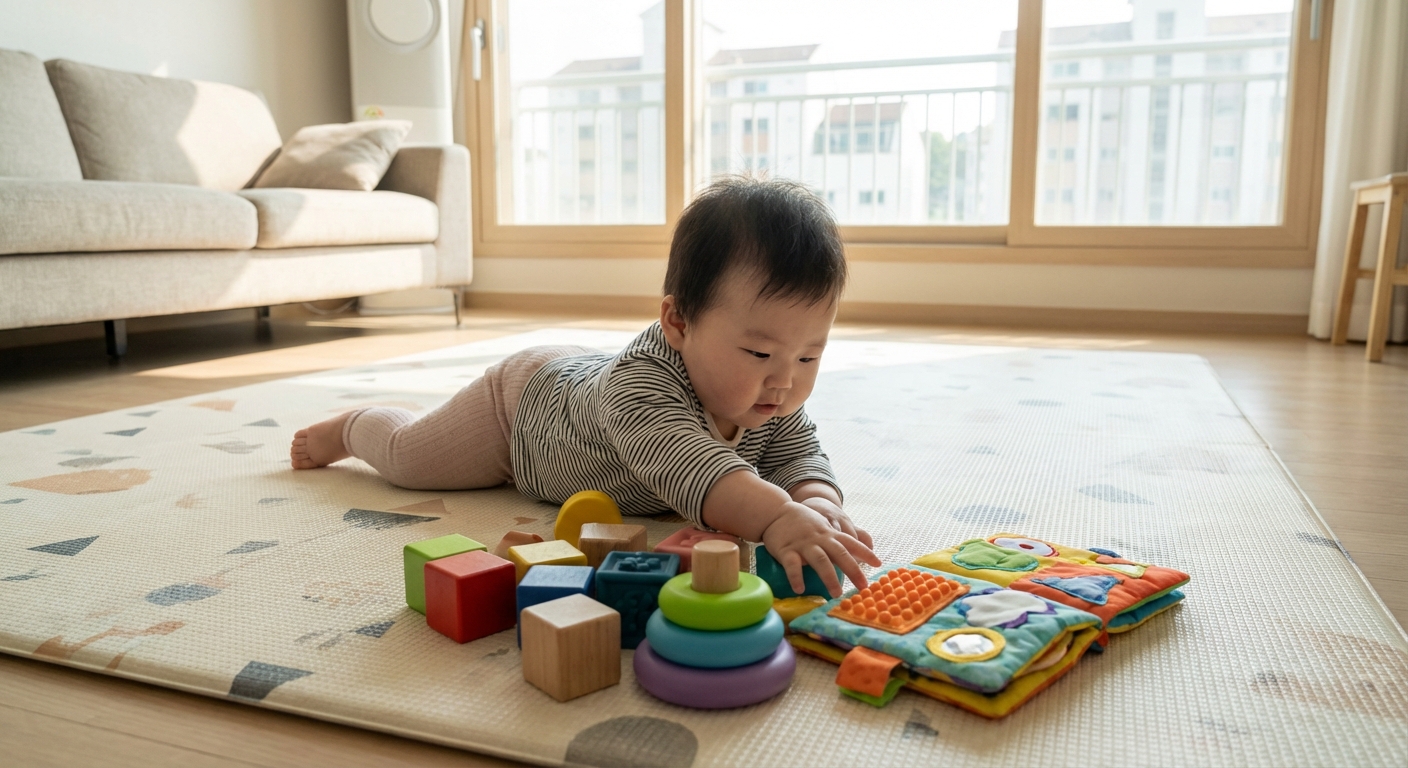 바닥 놀이매트에서 장난감을 향해 기어가는 한국인 아기