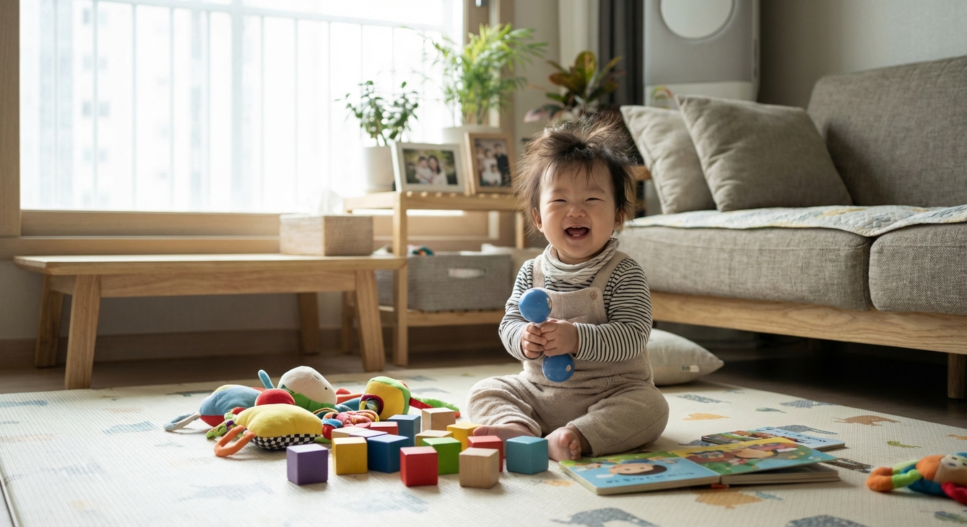바닥에서 행복하게 놀고 있는 한국인 아기