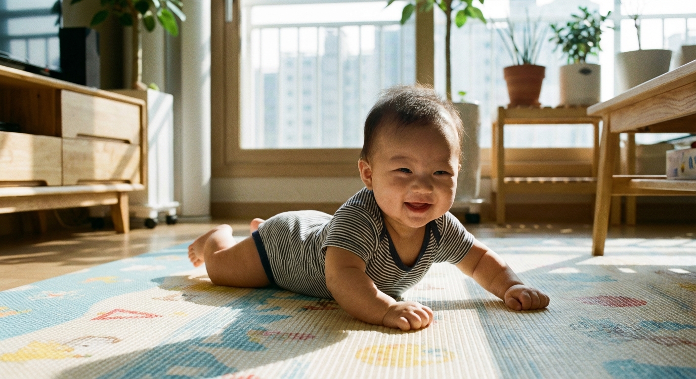 놀이매트에서 터미타임하며 고개를 드는 한국인 아기