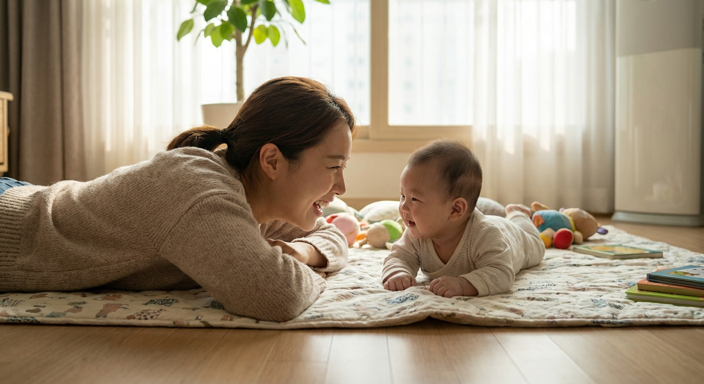아기와 눈높이를 맞추며 터미타임하는 한국인 엄마