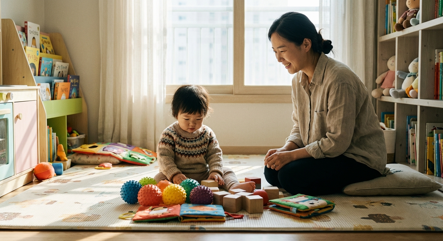 다양한 감각 장난감으로 바닥에서 노는 한국인 유아