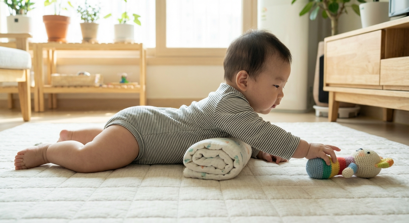 옆으로 누운 자세(사이드 라잉)로 놀고 있는 한국인 아기