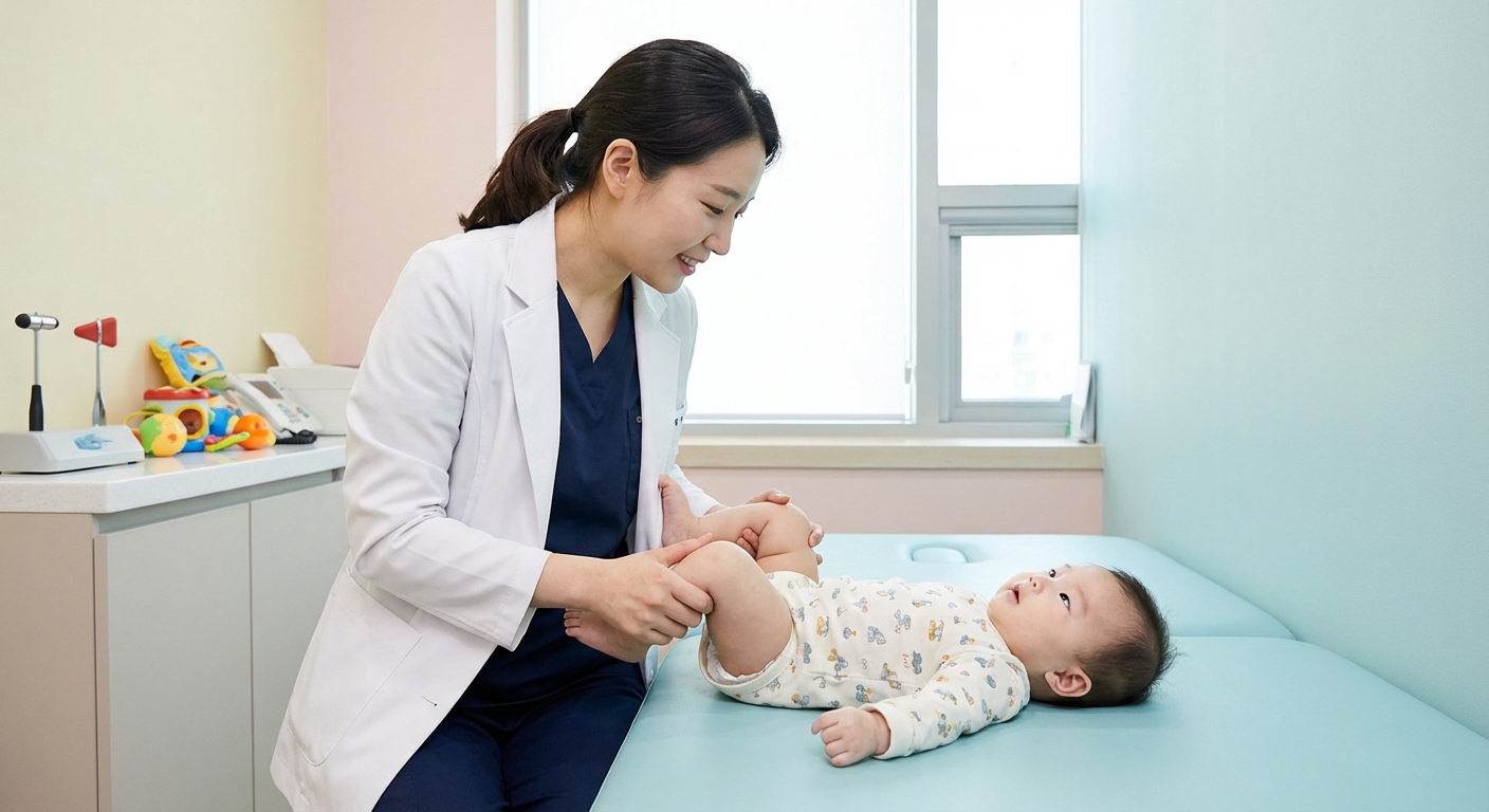 한국인 여성 소아 물리치료사가 아기의 원시반사를 검사하는 모습