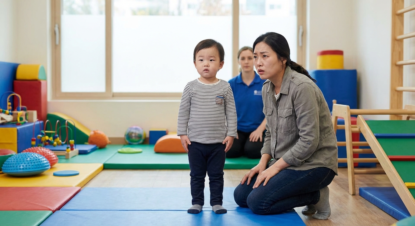 뻣뻣한 자세의 한국인 유아와 걱정스러운 표정의 엄마