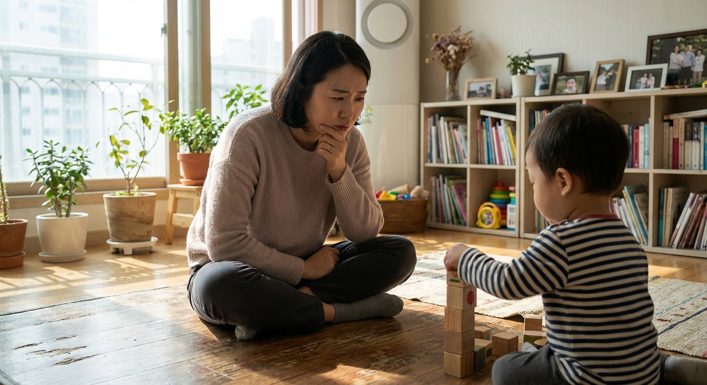 아이의 움직임을 주의 깊게 관찰하는 한국인 엄마