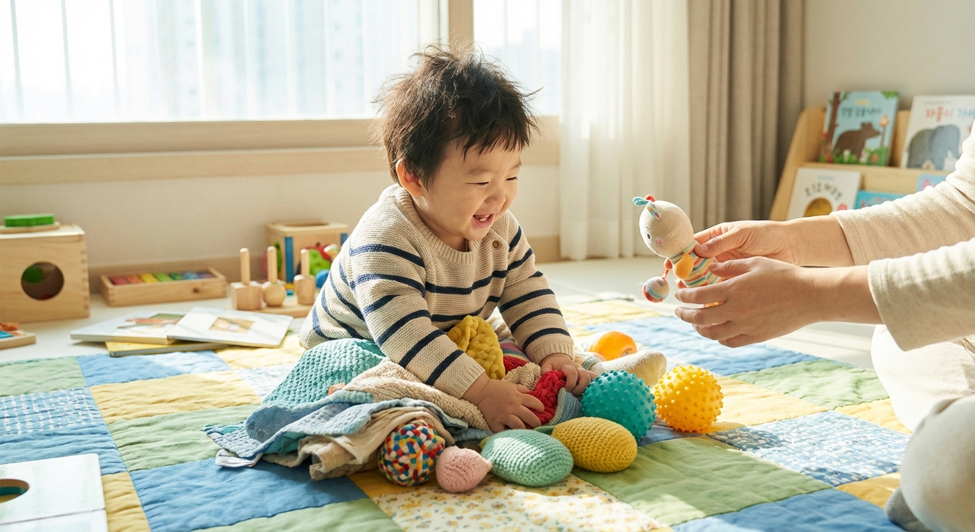 감각 놀이를 하는 한국인 유아와 부모