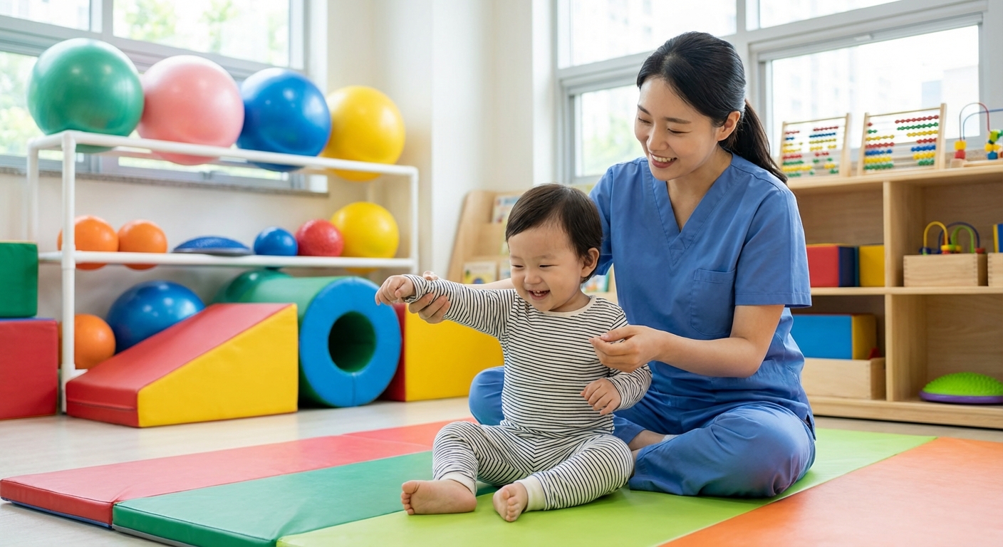 한국인 물리치료사가 유아와 함께 발달 운동을 하는 모습