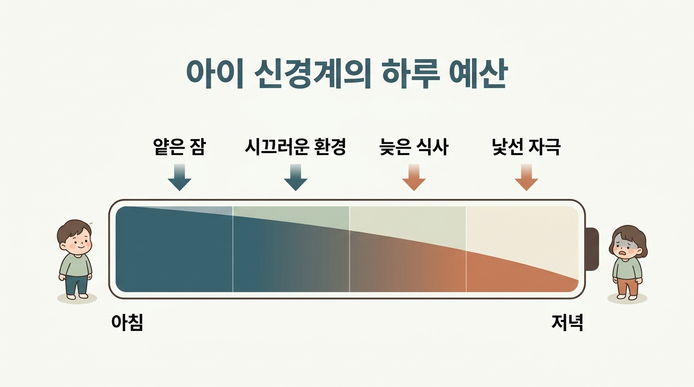 아이 신경계의 하루 예산이 수면·소음·식사·낯선 환경으로 차감되어 저녁에 바닥나는 과정을 게이지 형태로 보여주는 인포그래픽