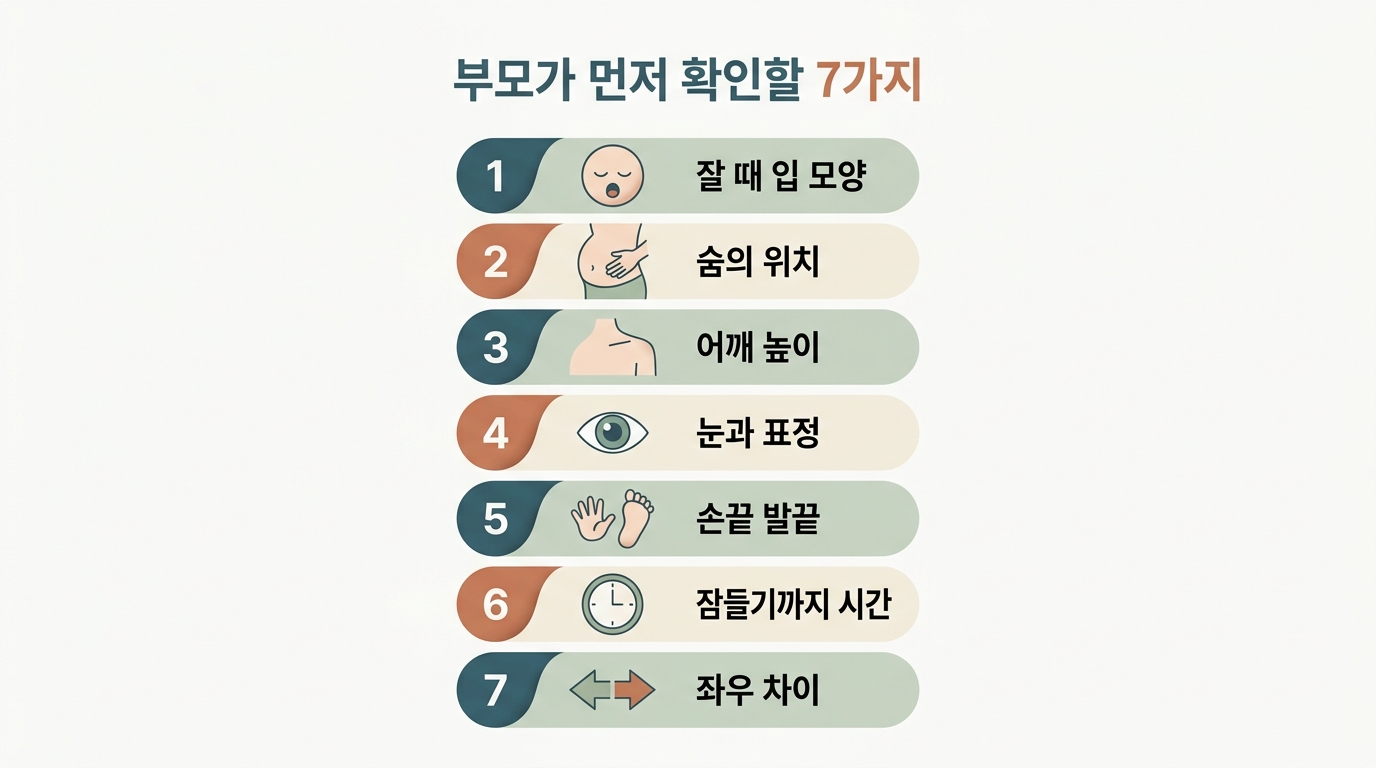 부모가 집에서 확인할 7가지 관찰 포인트를 입·호흡·어깨·눈·손발·수면·좌우 순서로 배열한 번호 플로우 인포그래픽