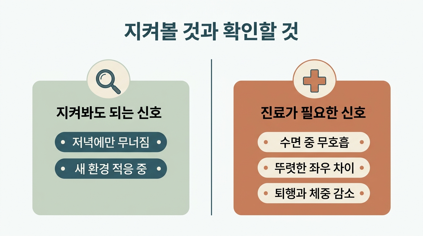 집에서 계속 관찰해도 되는 신호와 즉시 진료가 필요한 수면 무호흡·좌우 비대칭·퇴행·체중 감소 신호를 좌우로 나눈 비교 인포그래픽