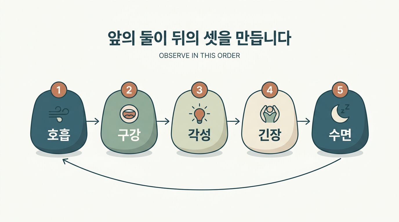 호흡·구강·각성·긴장·수면 다섯 통로가 하나의 자율신경 상태를 다섯 방향에서 보여주는 구조와 관찰 순서를 표시한 인포그래픽
