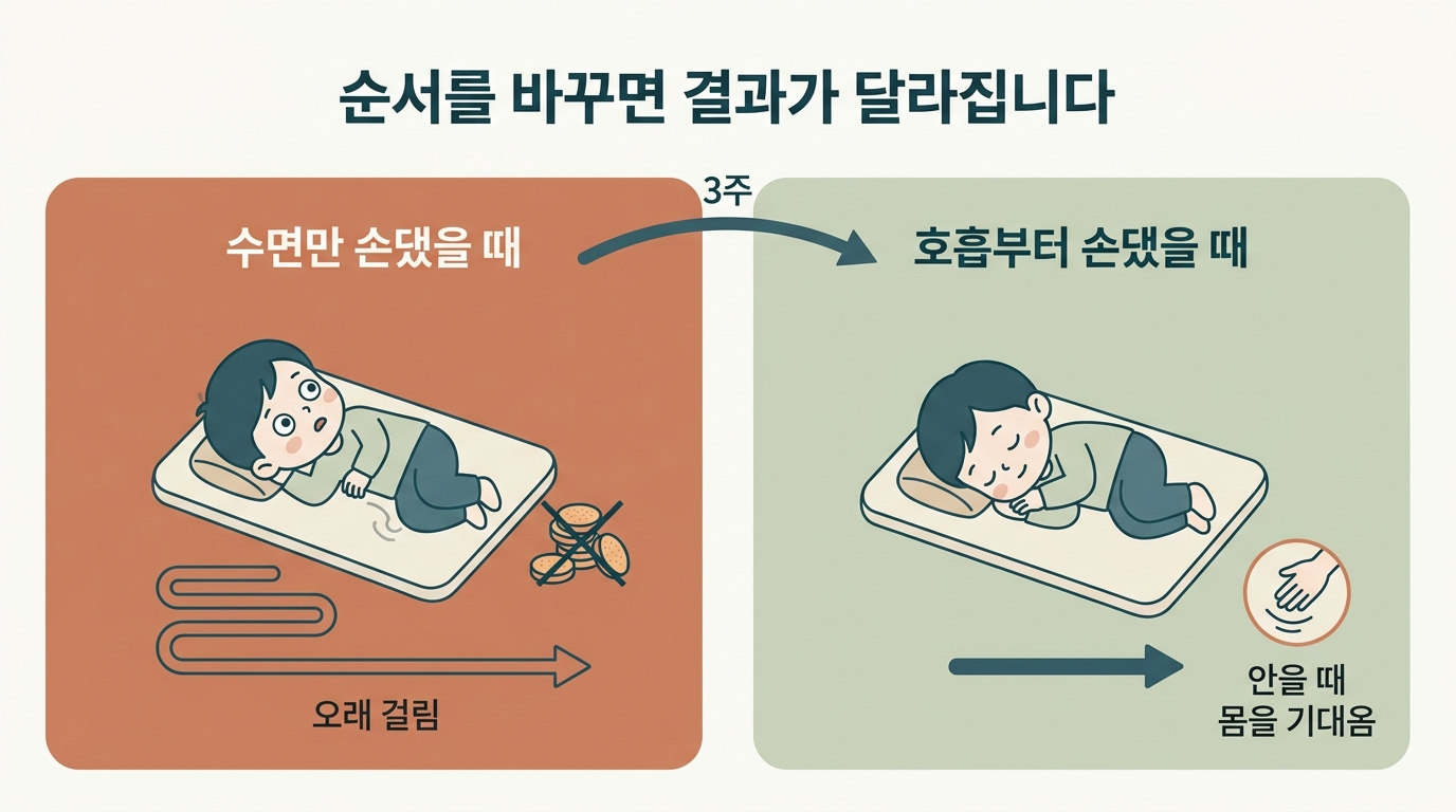 수면만 손댔을 때와 호흡부터 순서대로 손댔을 때 낮잠과 안김 반응이 달라진 3주 사례 결과를 좌우로 비교한 인포그래픽