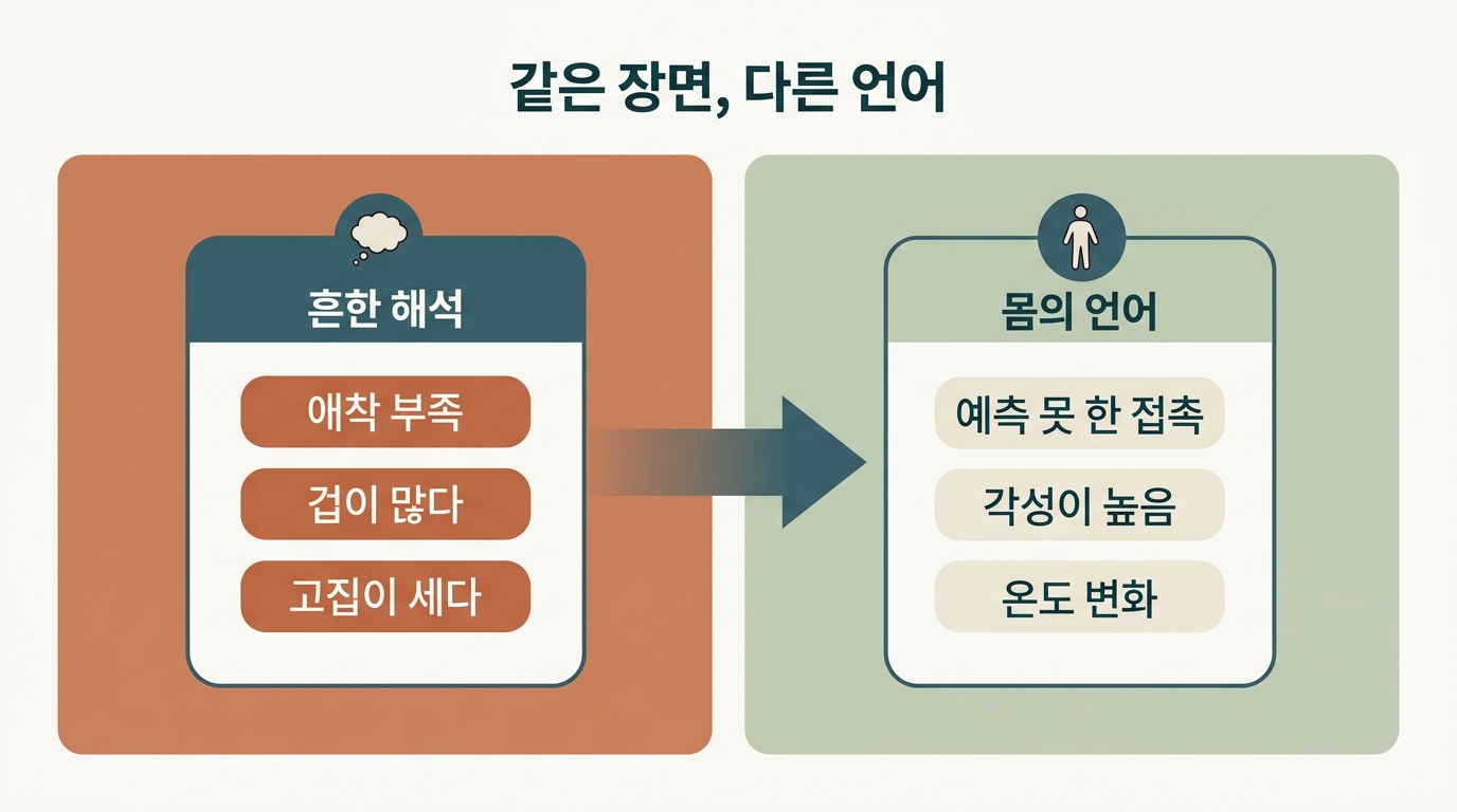 여섯 장면에 대한 마음 중심 해석과 몸 중심 해석이 서로 다른 대응으로 이어지는 과정을 좌우 2패널로 비교한 인포그래픽