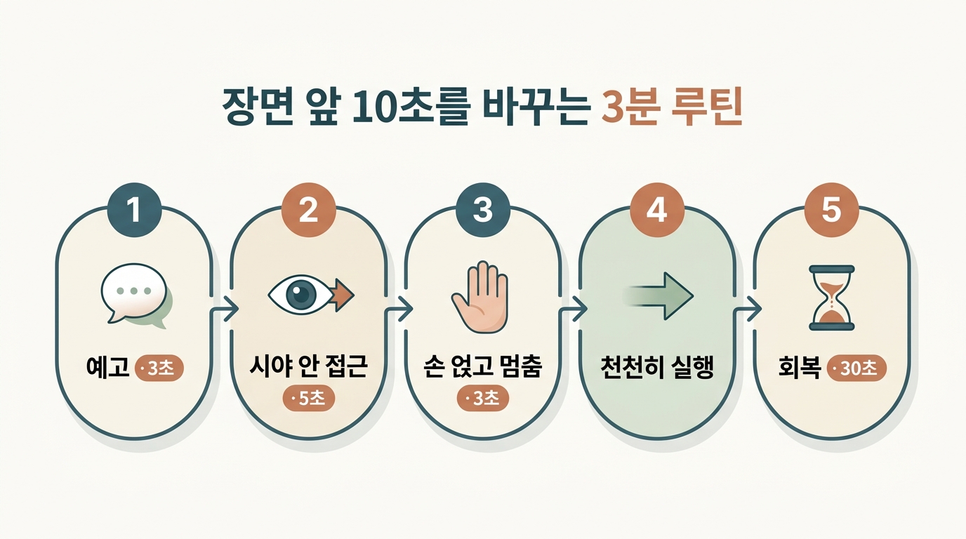 예고 3초·시야 접근 5초·손 얹고 3초 멈춤·천천히 실행·회복 30초로 이어지는 장면 앞 3분 루틴 5단계 플로우 인포그래픽