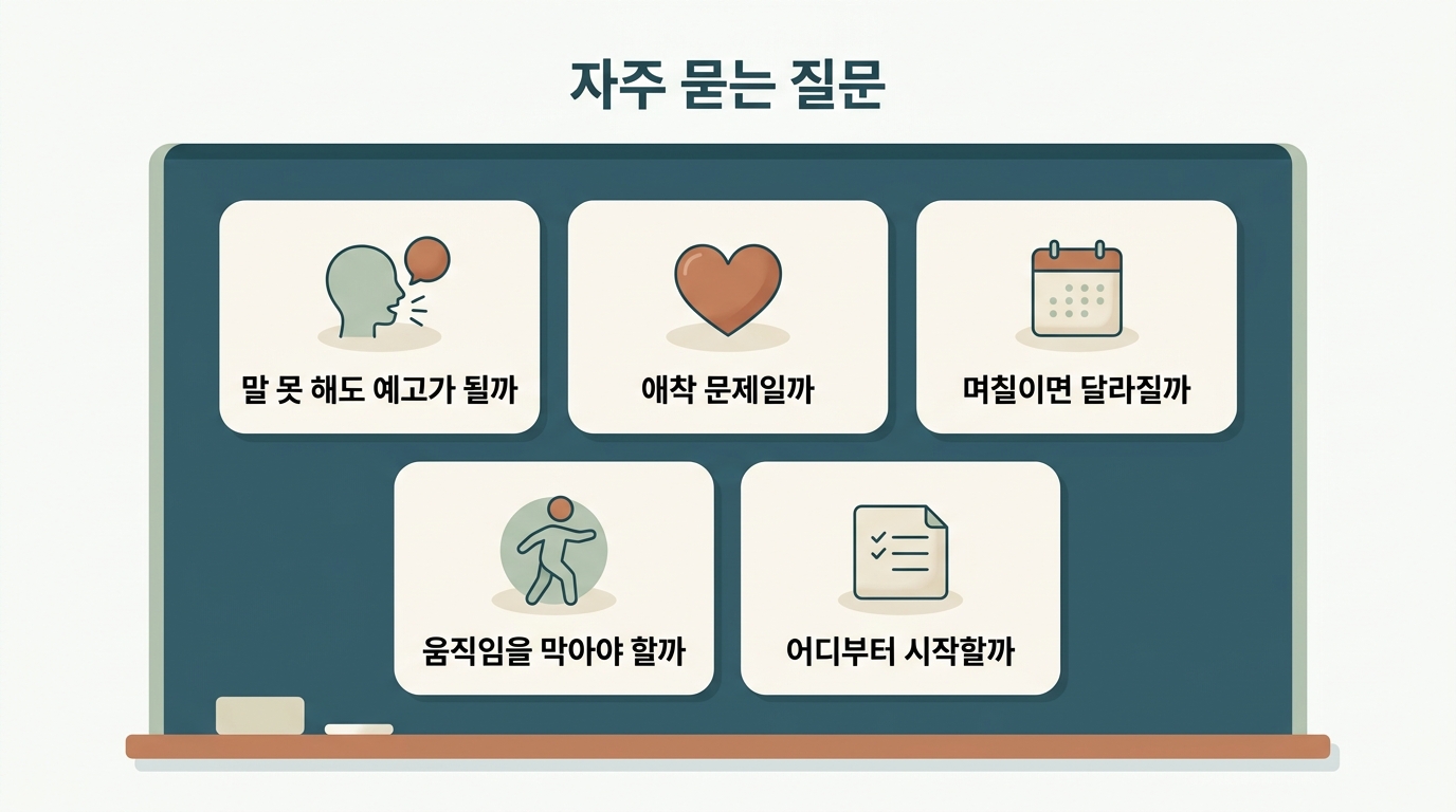 예고 효과·애착과 감각 구분·기간·움직임 대응·시작 순서 등 자주 묻는 질문 5가지를 카드형으로 정리한 인포그래픽