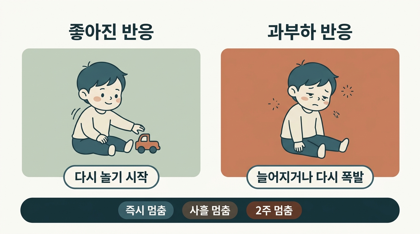 조용해진 아이의 좋아진 반응과 과부하 반응을 표정·호흡·회복 속도로 구분하고 즉시·사흘·2주 멈춤 기준을 정리한 비교 인포그래픽