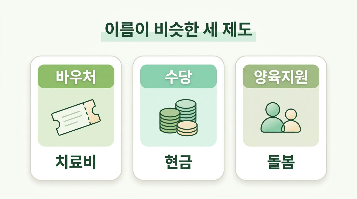 이름이 비슷한 세 제도 비교 — 바우처는 치료비, 수당은 현금, 양육지원은 돌봄